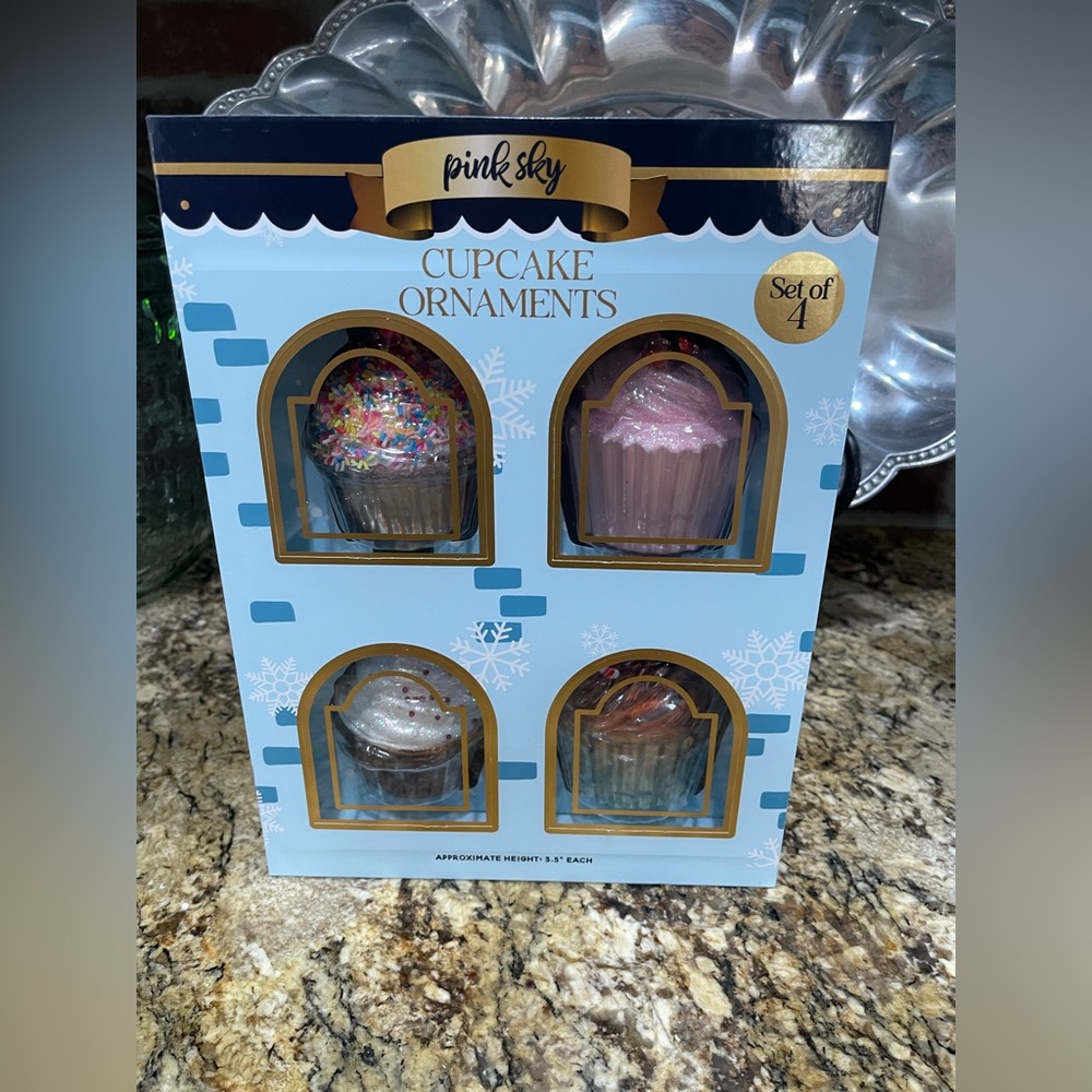 Pink Sky boxed set of (4) 3.5” cupcake ornaments - Brand new in box!  Adorable!